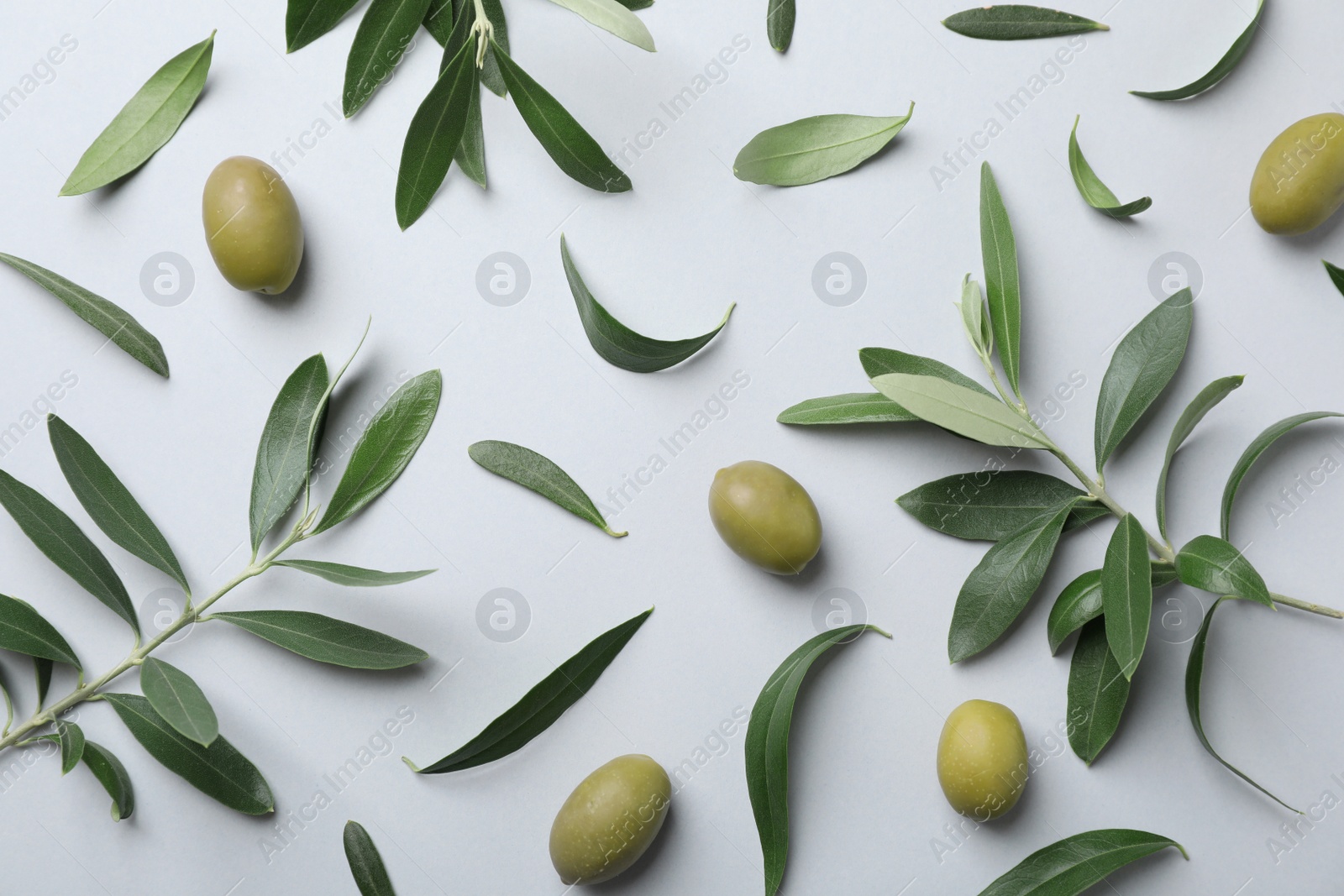 Photo of Flat lay composition with fresh green olive leaves, twigs and fruit on light background