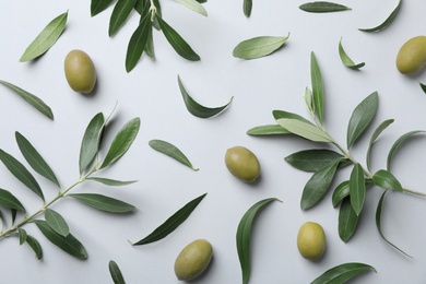 Flat lay composition with fresh green olive leaves, twigs and fruit on light background