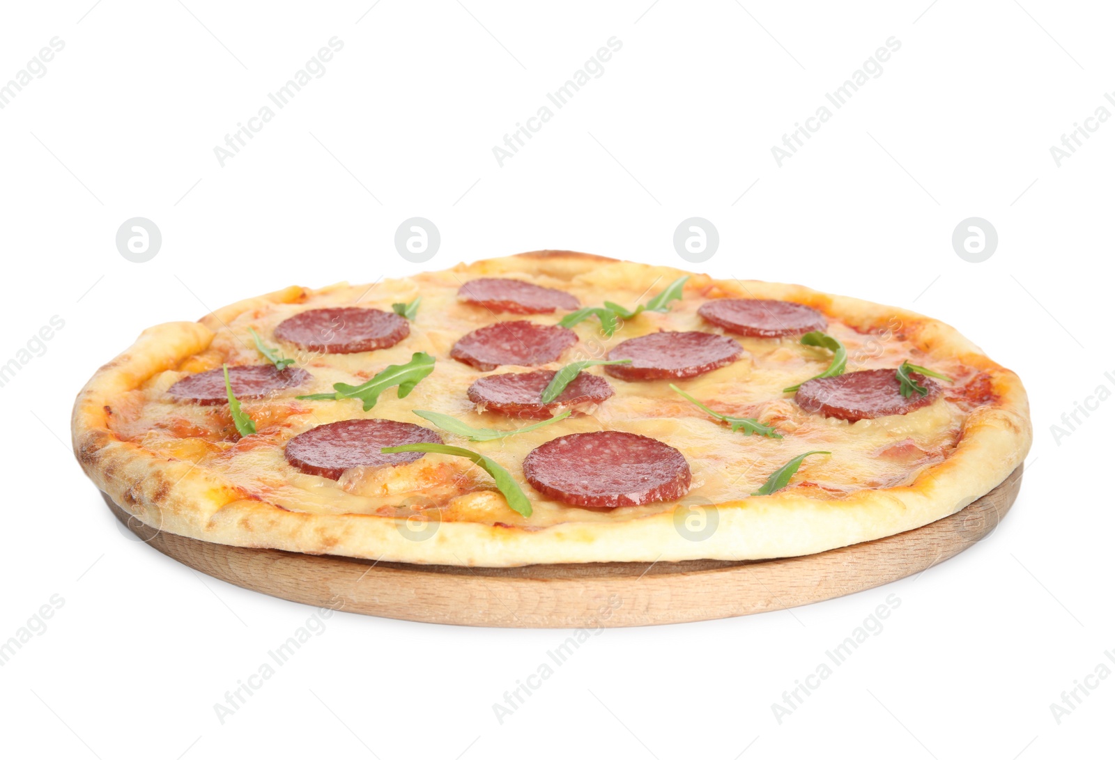 Photo of Tasty pepperoni pizza with arugula isolated on white