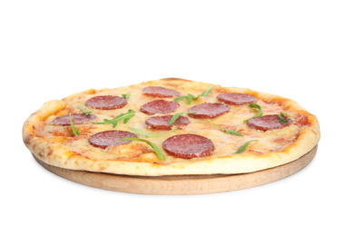 Photo of Tasty pepperoni pizza with arugula isolated on white