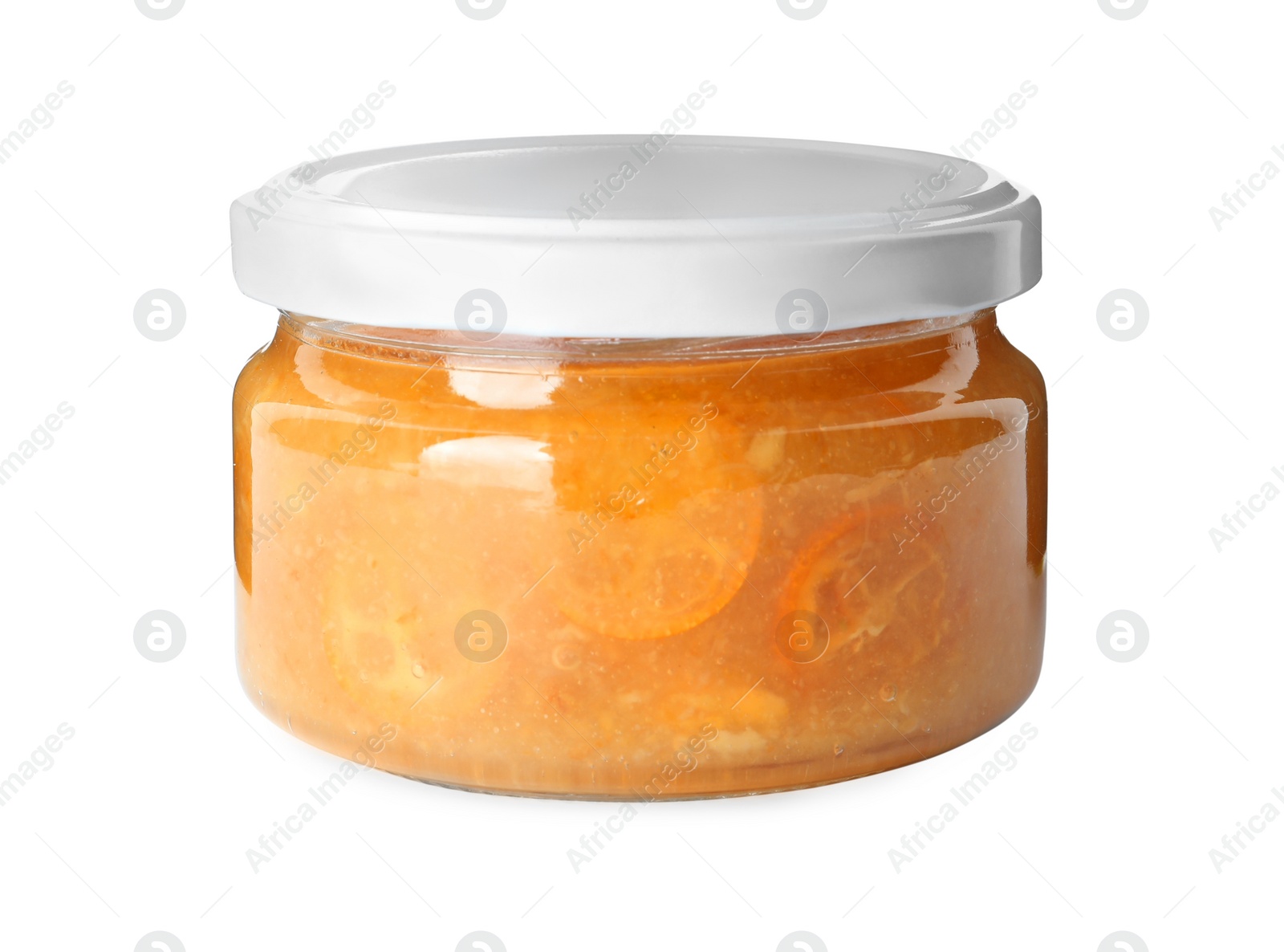 Photo of Delicious kumquat jam in glass jar isolated on white