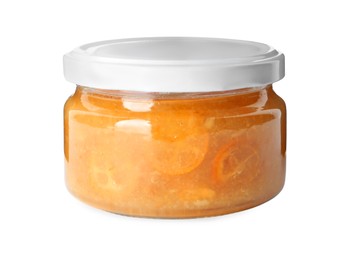 Delicious kumquat jam in glass jar isolated on white