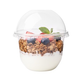 Photo of Tasty granola with berries and yogurt in plastic cup isolated on white