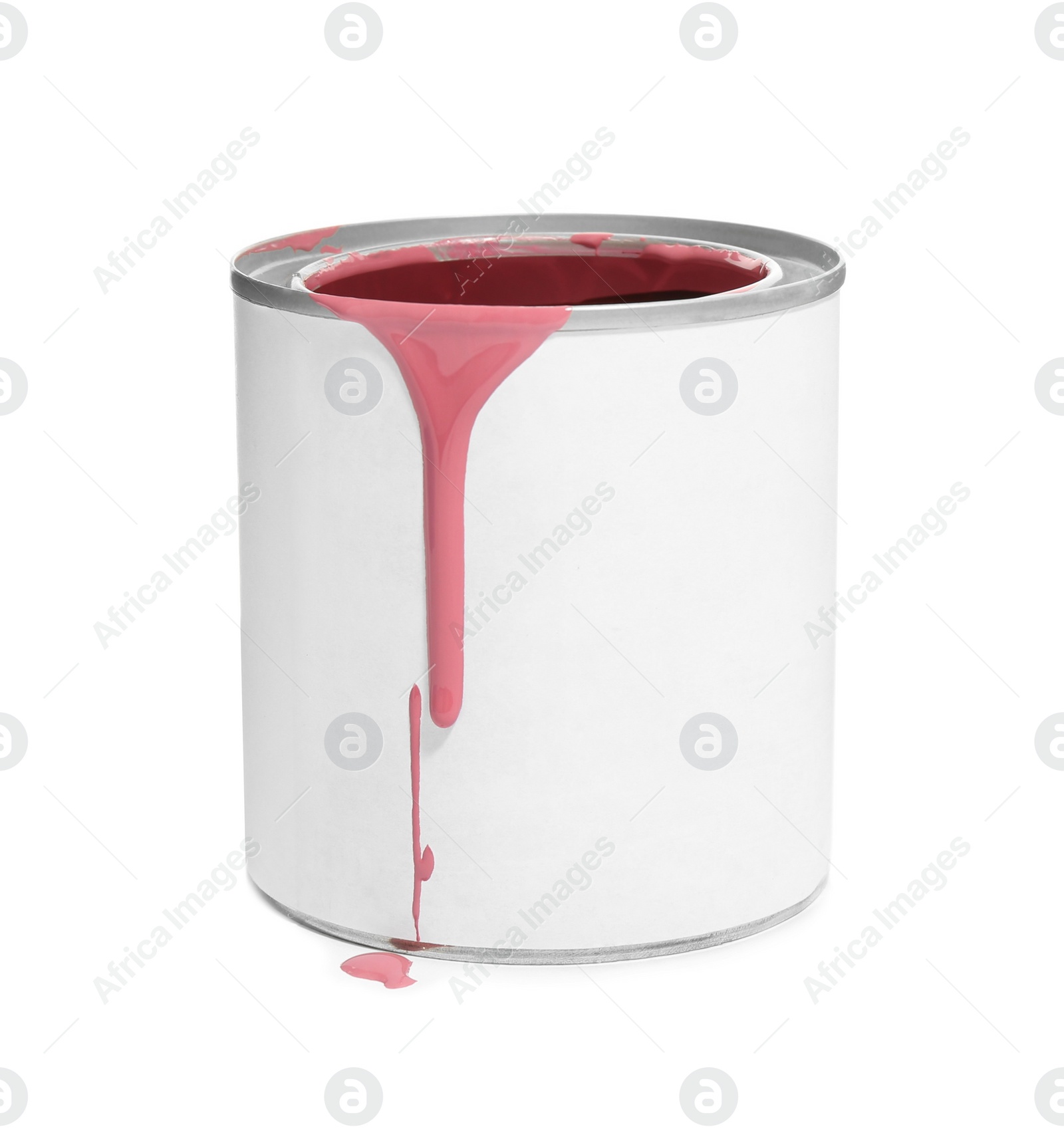 Photo of Can of red paint on white background