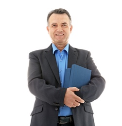 Portrait of male teacher with books on white background