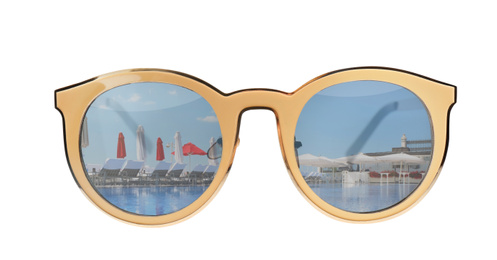 Image of New stylish sunglasses with reflection of outdoor swimming pool isolated on white