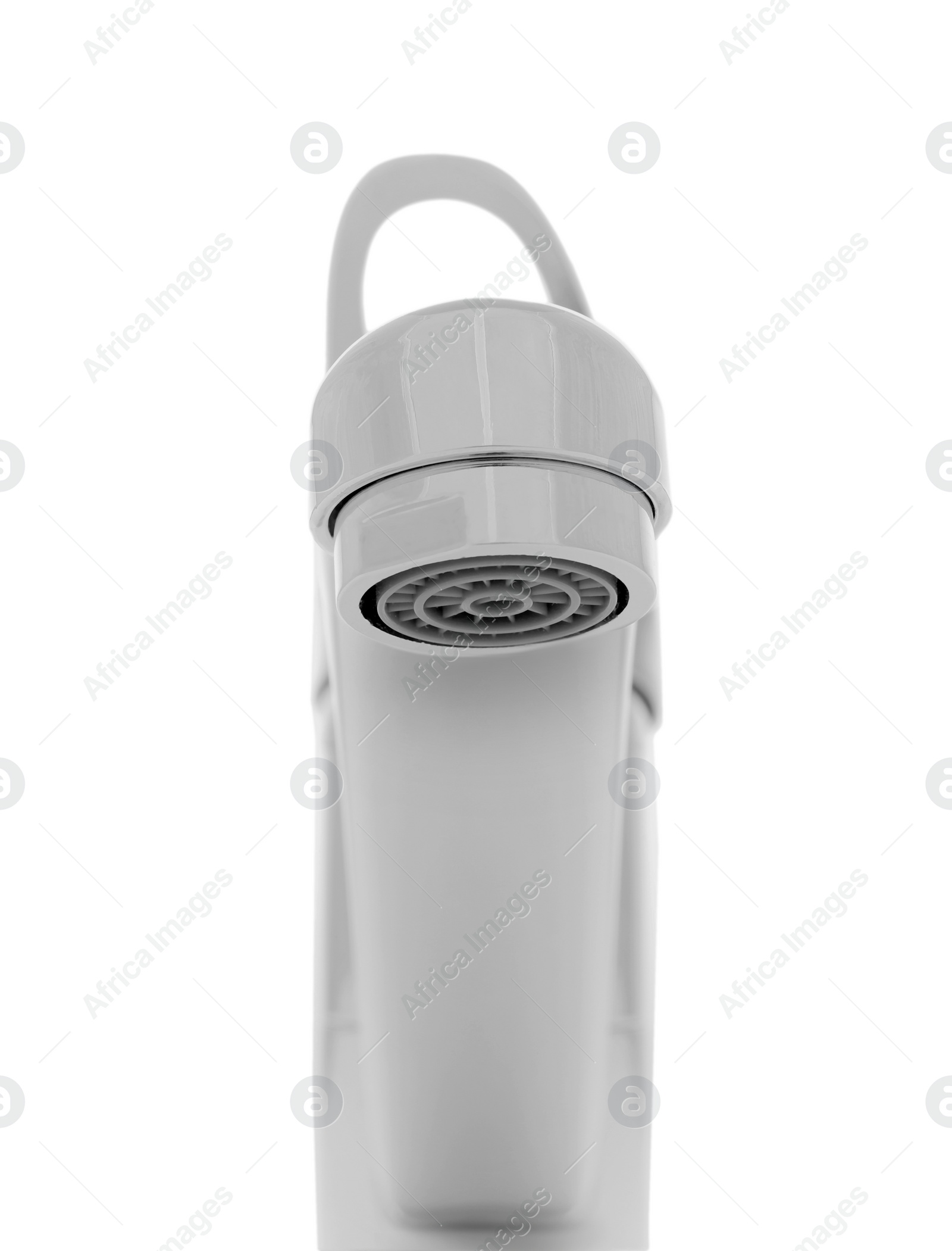 Photo of Single handle water tap on white background, closeup