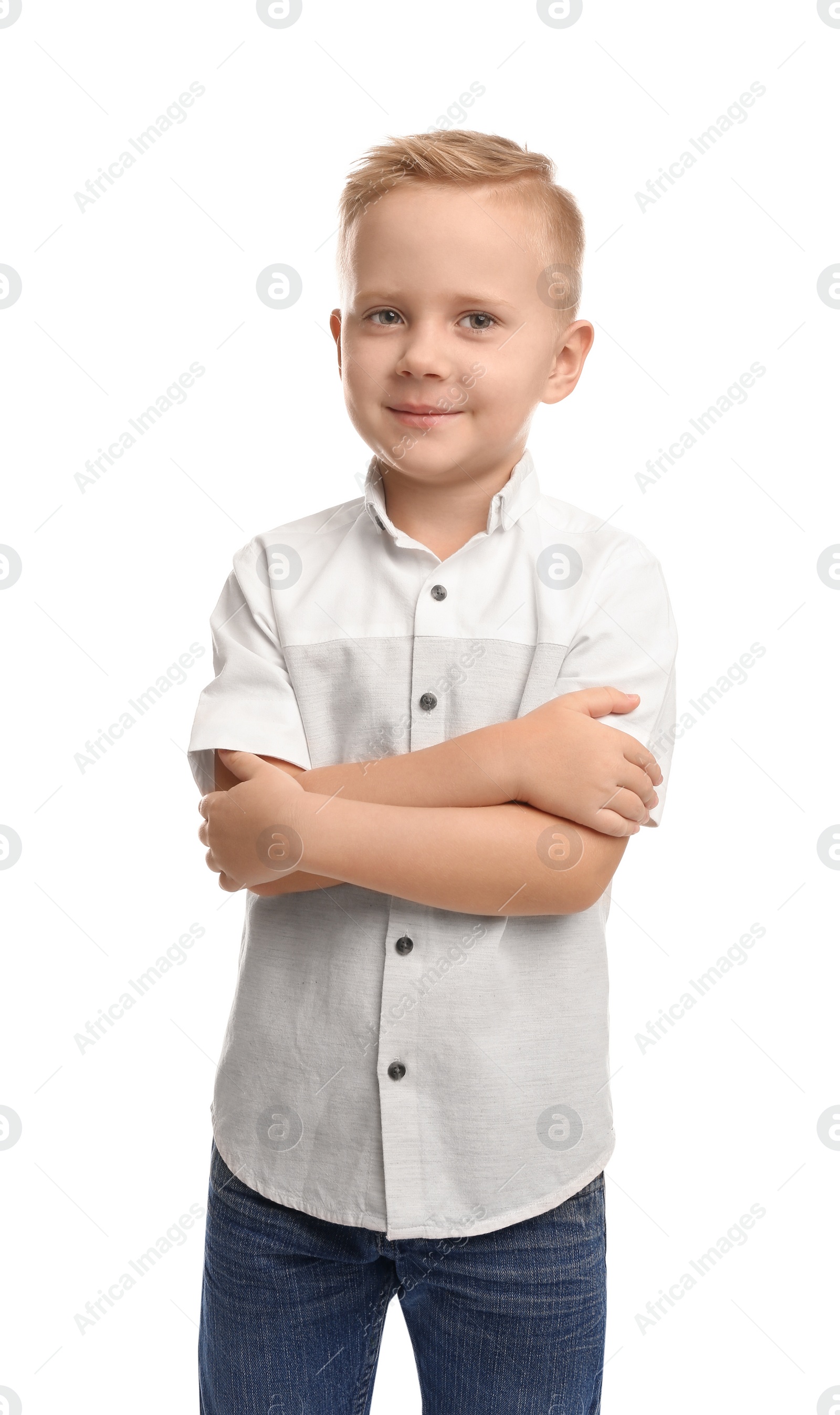 Photo of Portrait of cute little boy on white background