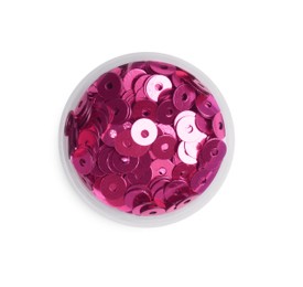Photo of Pink sequins in container isolated on white, top view