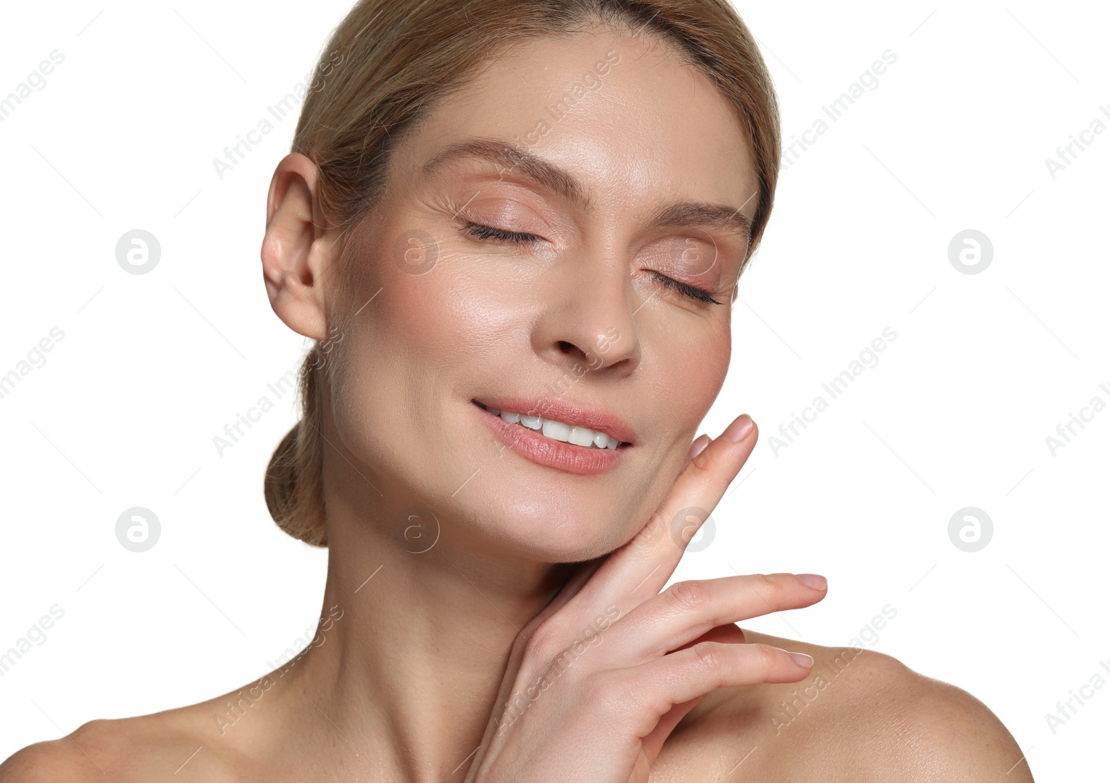 Photo of Beautiful woman with healthy skin on white background