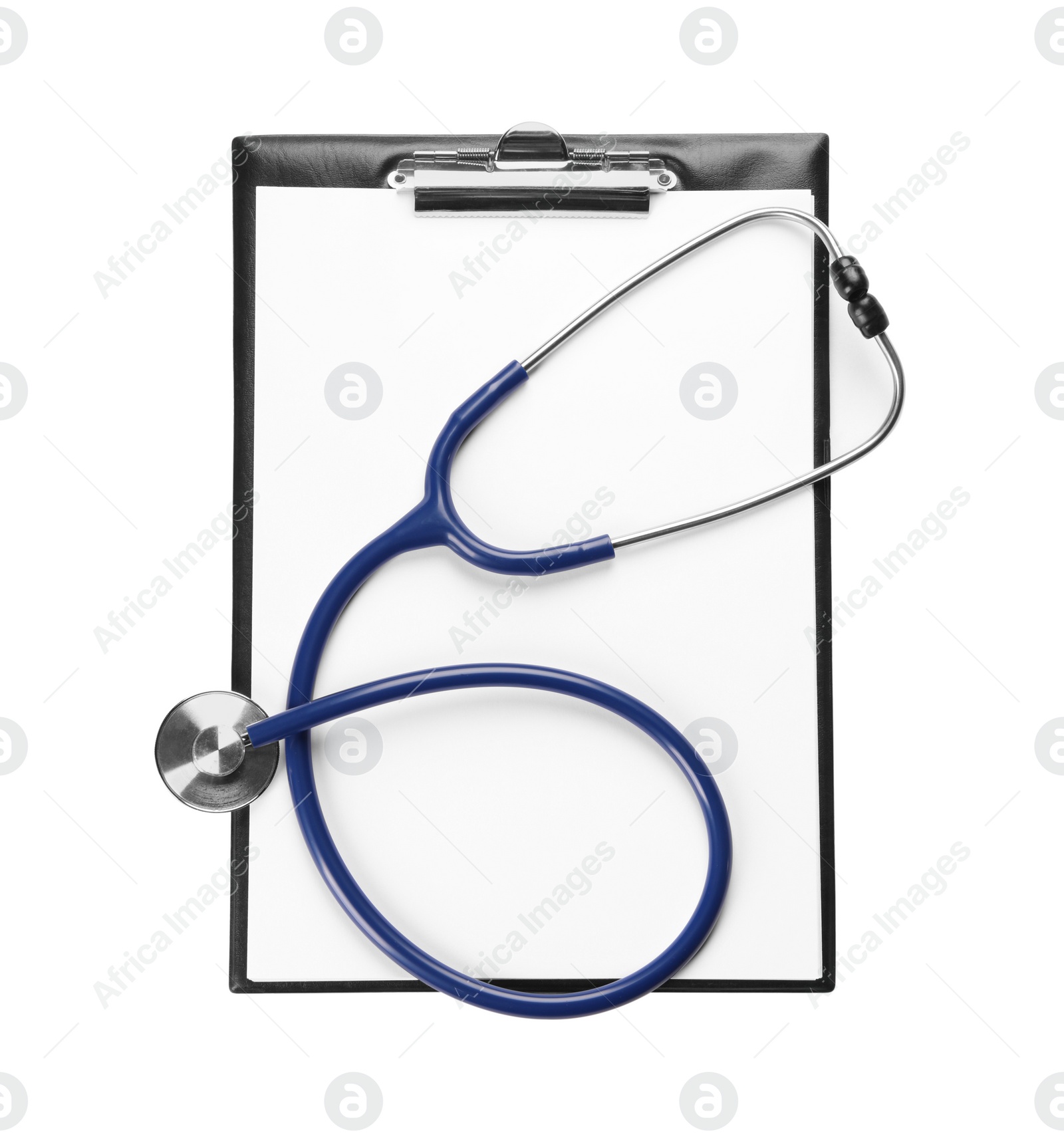 Photo of Clipboard and stethoscope on white background, top view