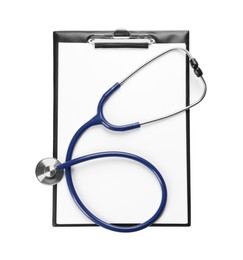 Photo of Clipboard and stethoscope on white background, top view