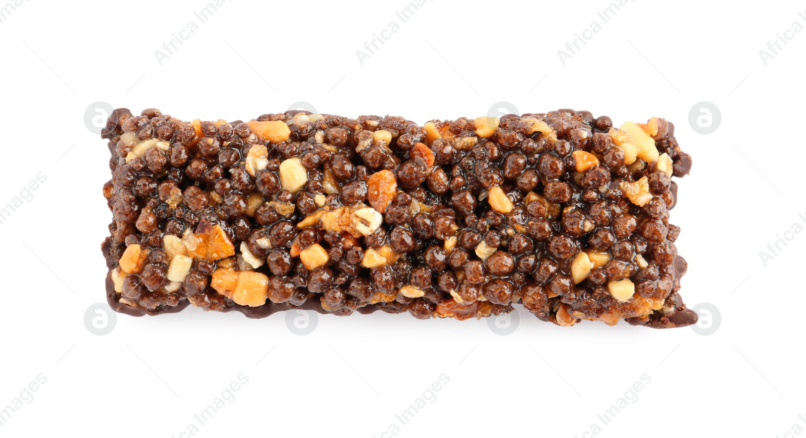 Photo of Protein bar with chocolate isolated on white, top view. Healthy snack