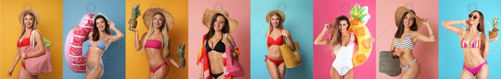 Image of Collage with photos of women wearing bikini on different color backgrounds. Banner design