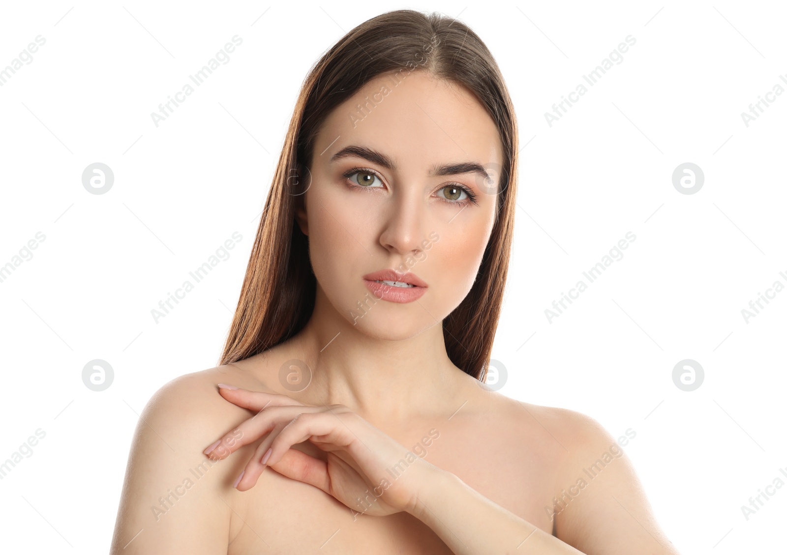 Photo of Portrait of young woman with beautiful face on white background