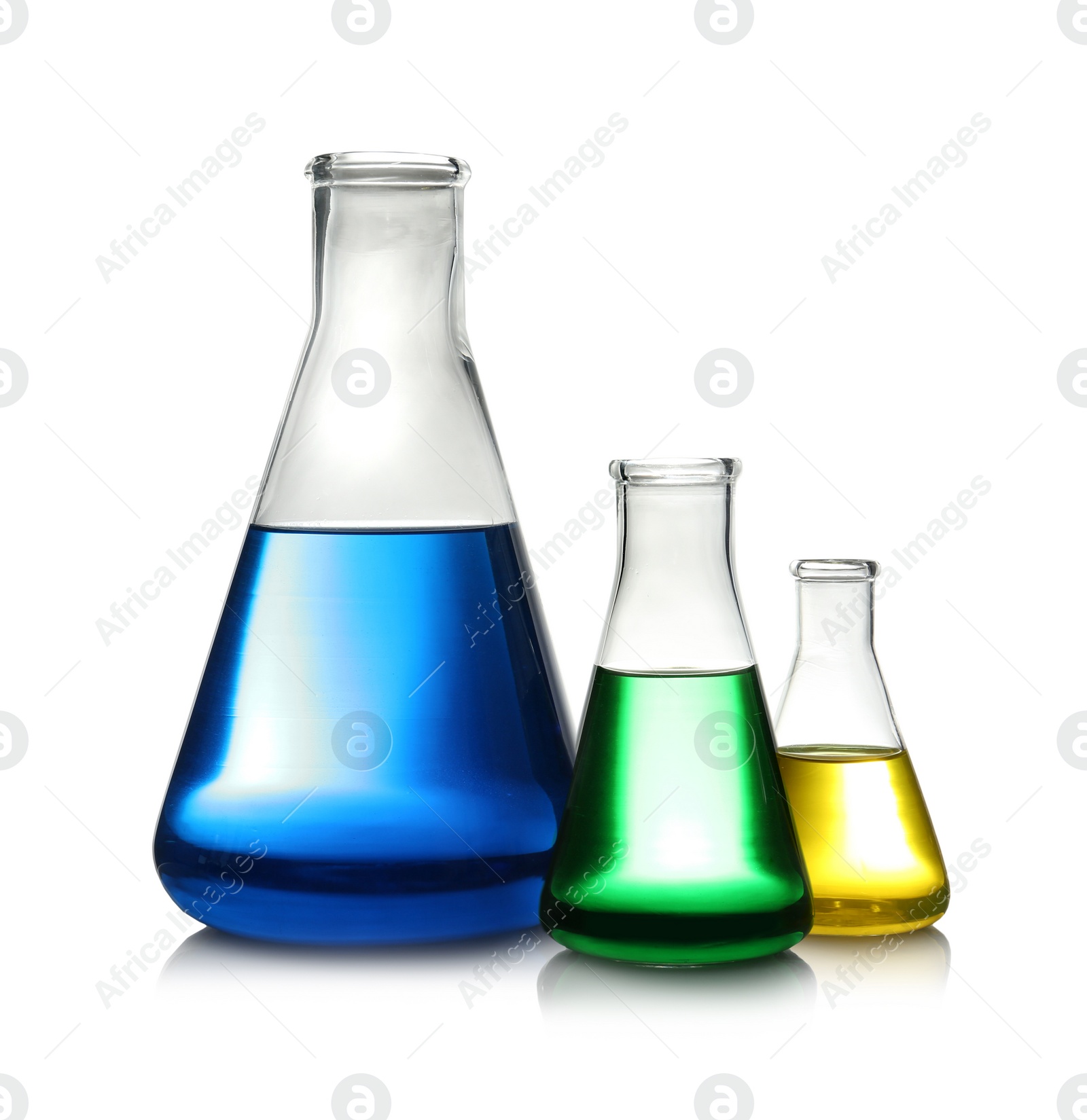 Photo of Erlenmeyer flasks with color liquid isolated on white. Solution chemistry