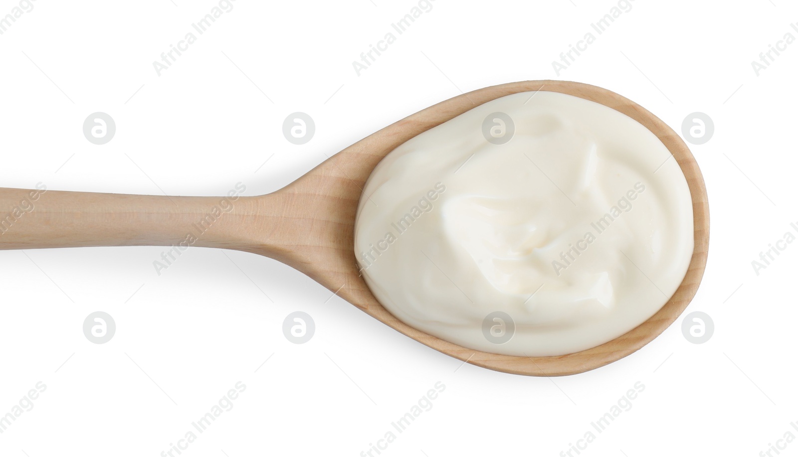 Photo of One wooden spoon with mayonnaise isolated on white, top view