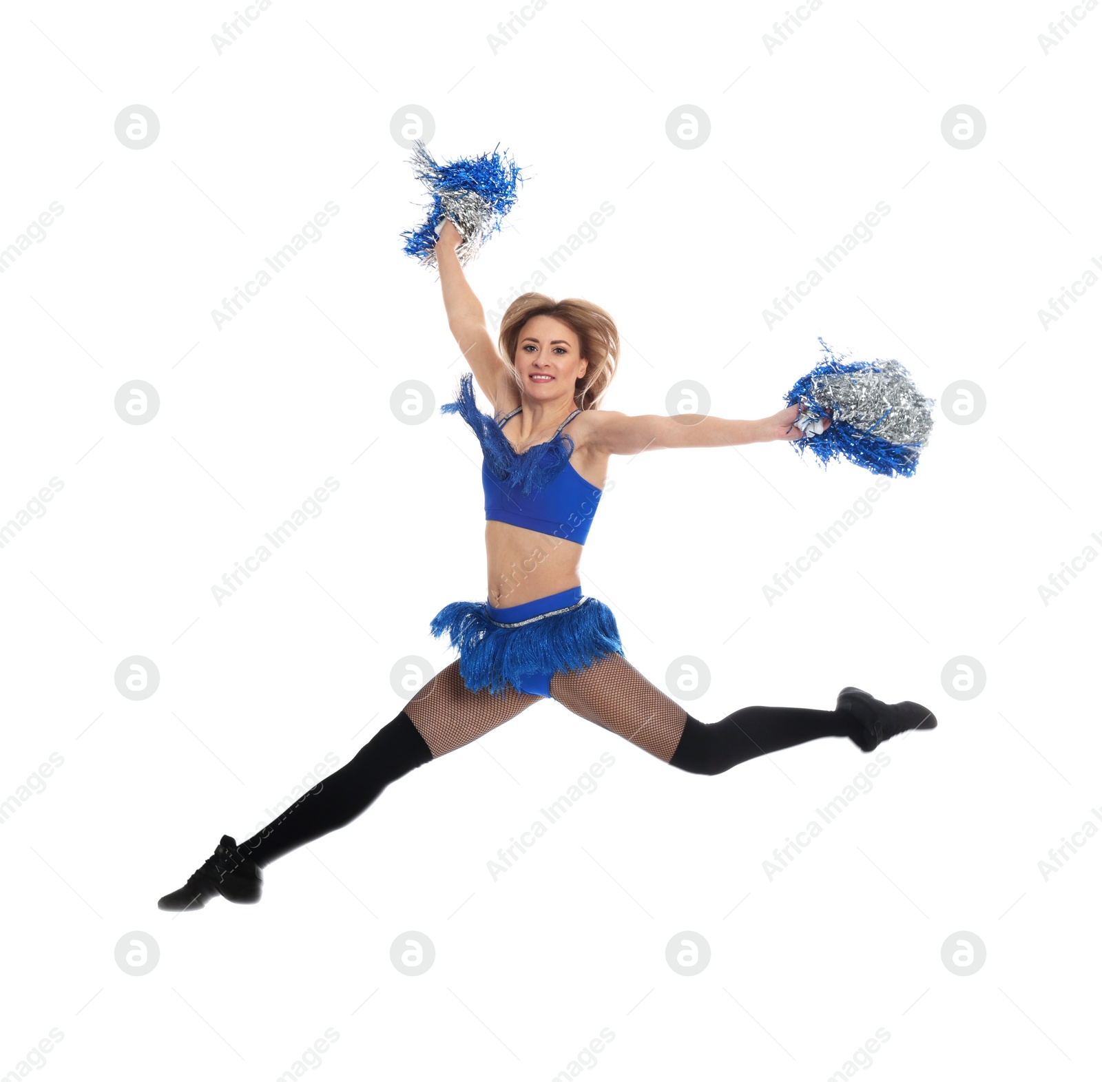 Photo of Beautiful cheerleader with pom poms jumping on white background