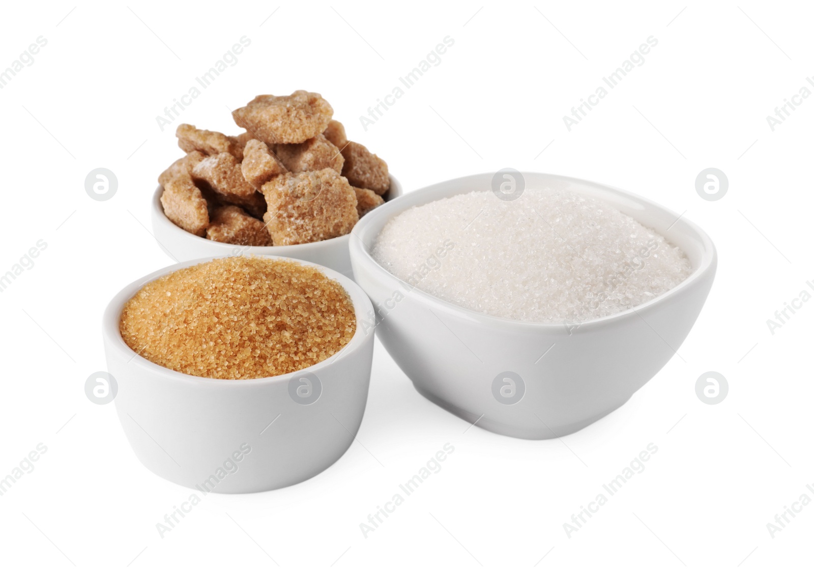 Photo of Different types of sugar on white background