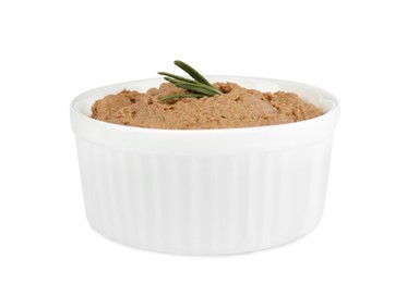 Photo of Bowl with delicious liver pate on white background