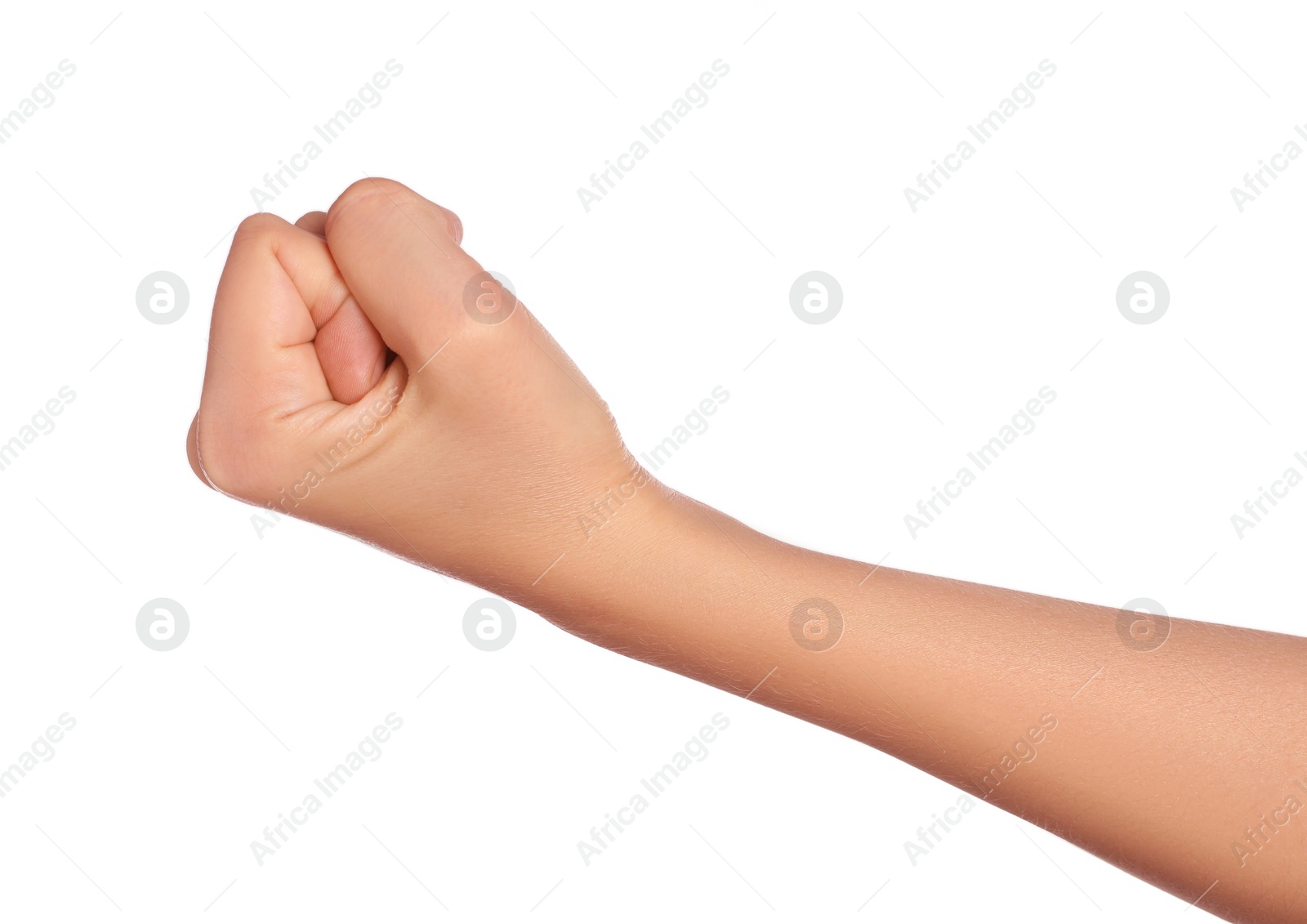 Photo of Woman showing fist on white background, closeup of hand