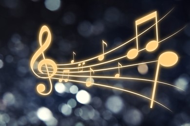 Music notes on dark background, bokeh effect