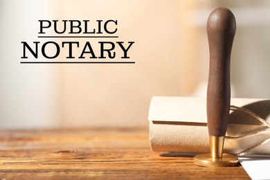 Image of Public notary. Document and stamp on wooden table, space for text