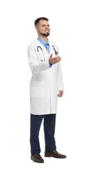 Photo of Doctor in coat with stethoscope on white background