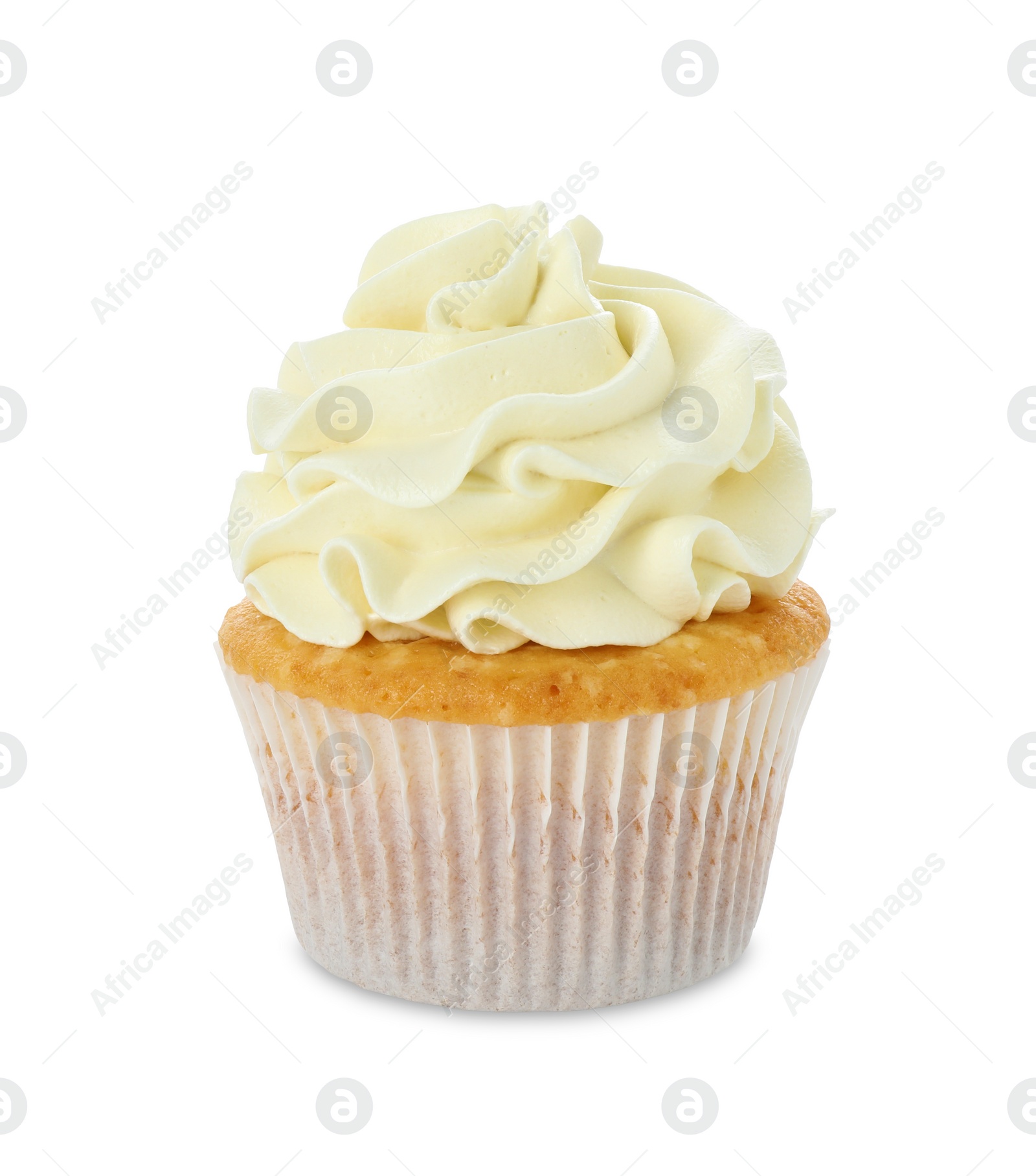 Photo of Tasty vanilla cupcake with cream isolated on white