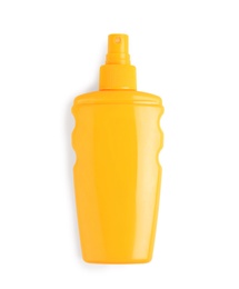 Bottle with sun protection body cream on white background