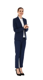 Photo of Professional business trainer clapping on white background