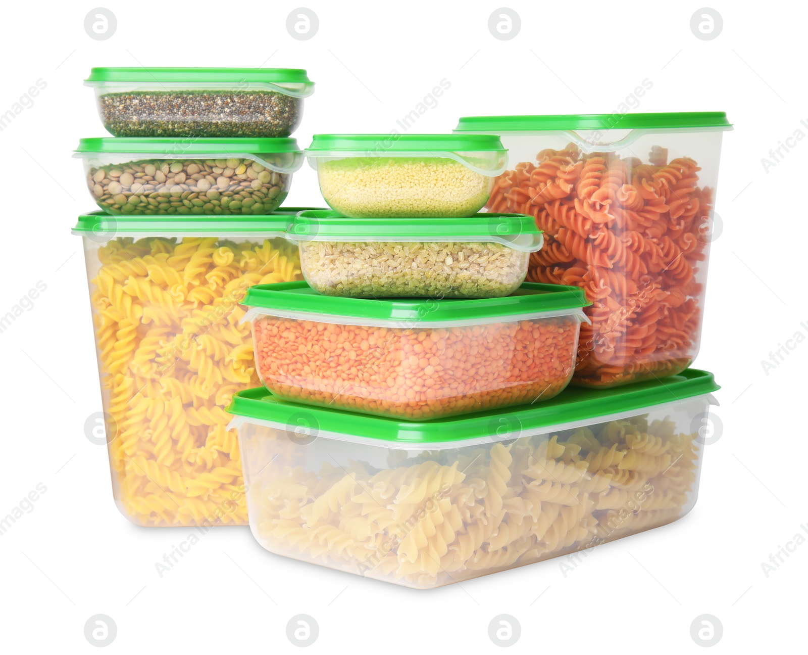 Photo of Plastic containers filled with food products isolated on white