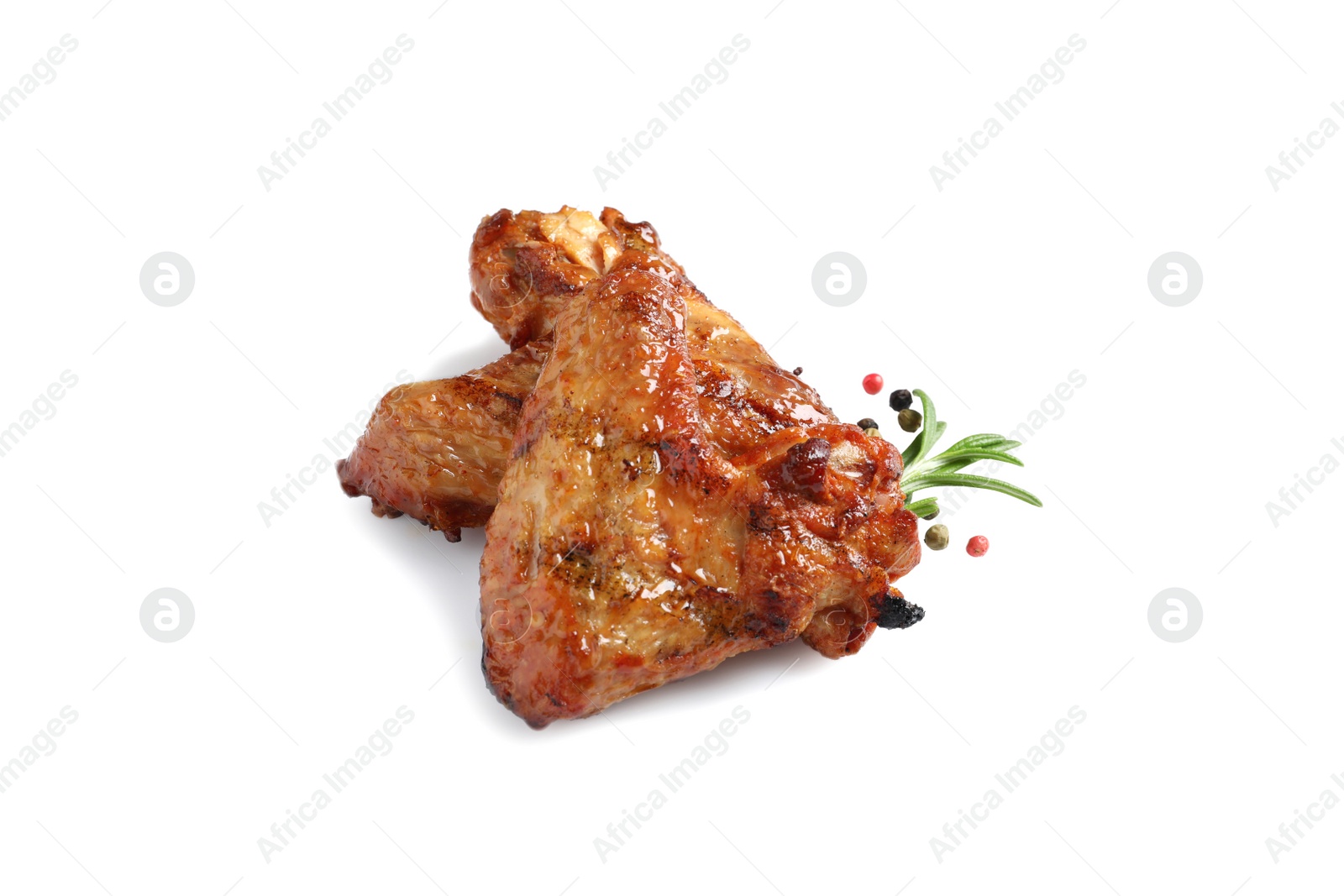 Photo of Delicious barbecued chicken wings on white background