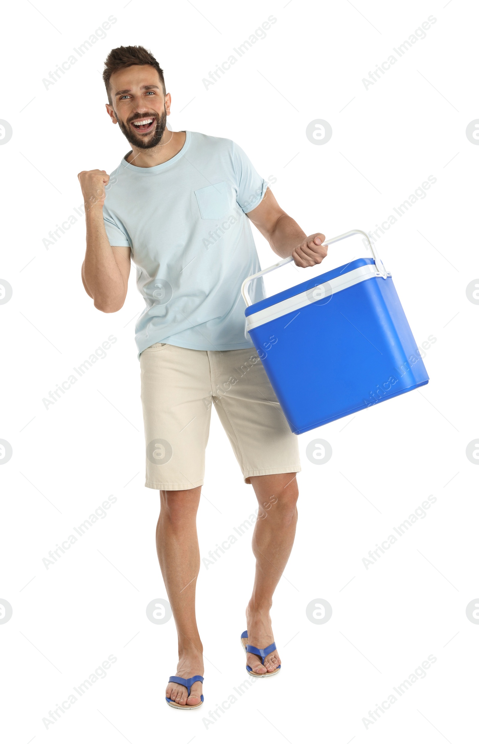 Photo of Happy man with cool box on white background