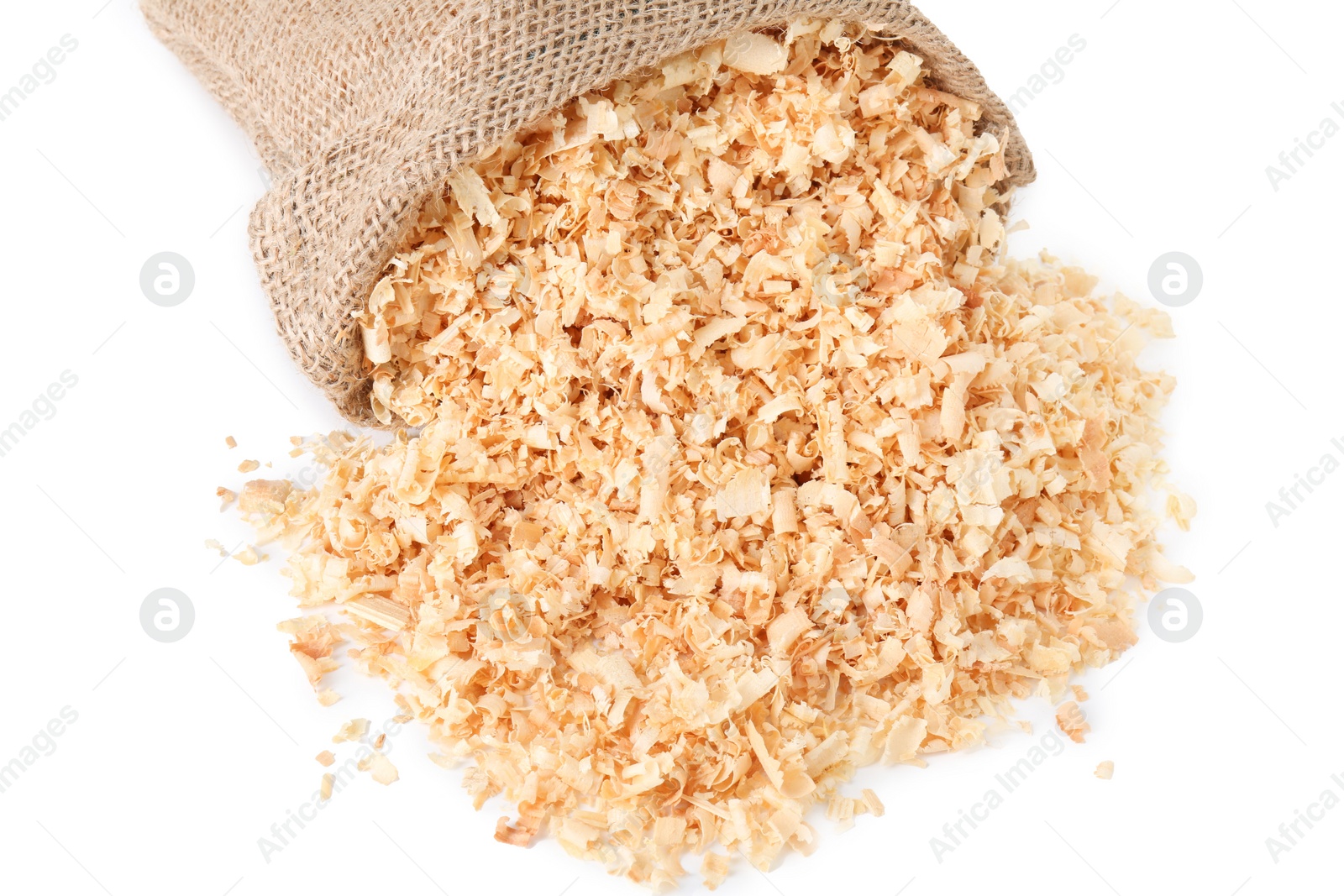 Photo of Natural sawdust in burlap sack isolated on white