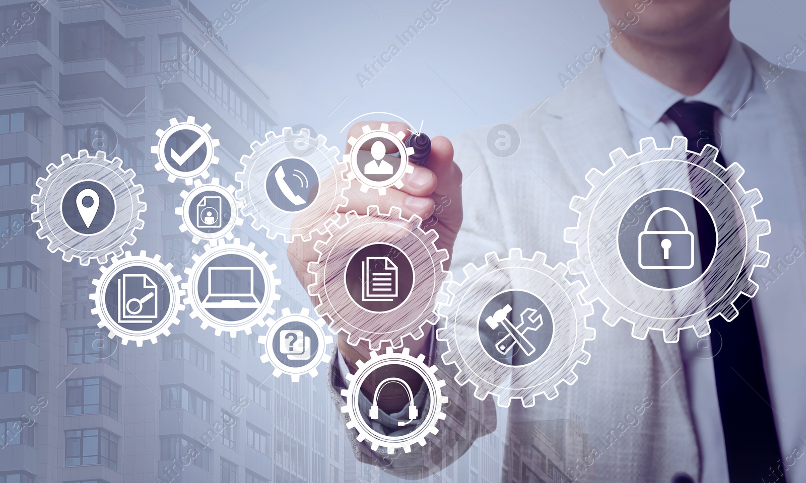 Image of Business process. Man touching virtual screen with different icons, closeup