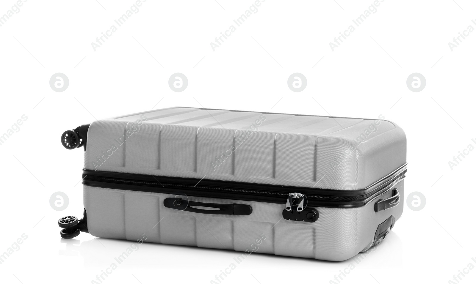 Photo of Grey suitcase for travelling on white background