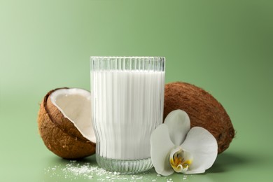 Glass of delicious vegan milk, coconuts and flower on green background