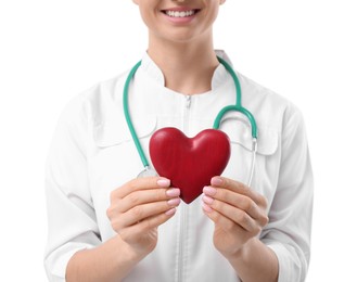 Photo of Doctor with stethoscope and red heart on white background, closeup. Cardiology concept