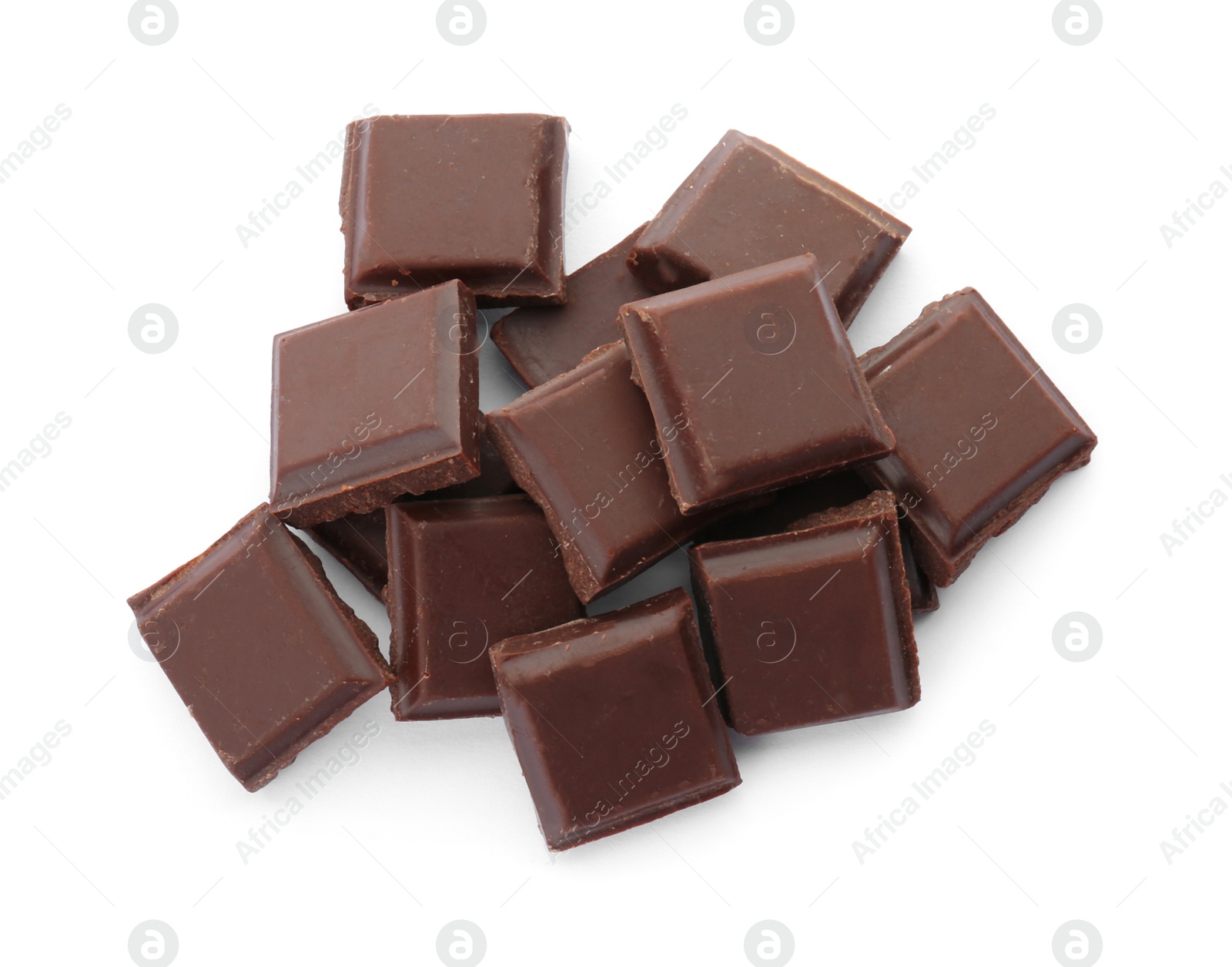 Photo of Delicious black chocolate on white background, top view