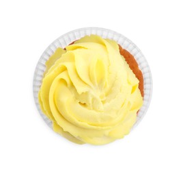 Photo of Tasty cupcake with cream isolated on white, top view