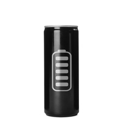 Image of Can of energy drink with picture of fully charged battery on white background