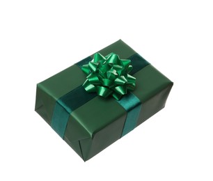 Photo of Green gift box with bow isolated on white