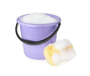 Photo of Bucket with foam and sponge isolated on white