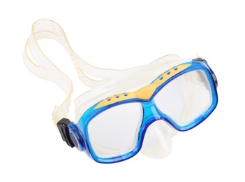 Photo of Blue diving mask isolated on white. Sports equipment