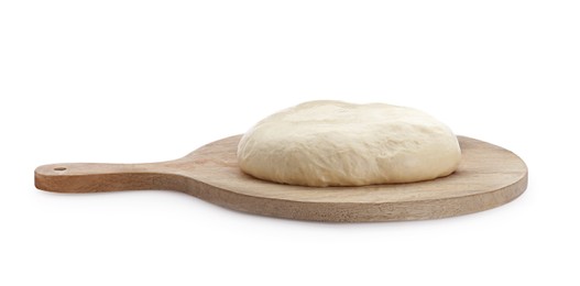 Photo of Fresh yeast dough and wooden board isolated on white