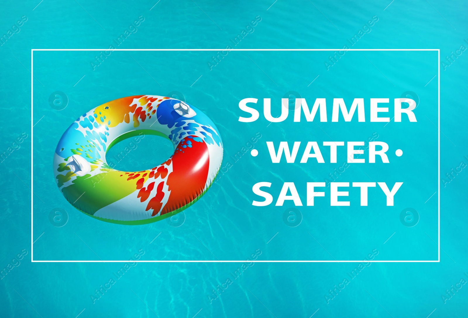 Image of Summer water safety. Colorful inflatable ring floating in swimming pool