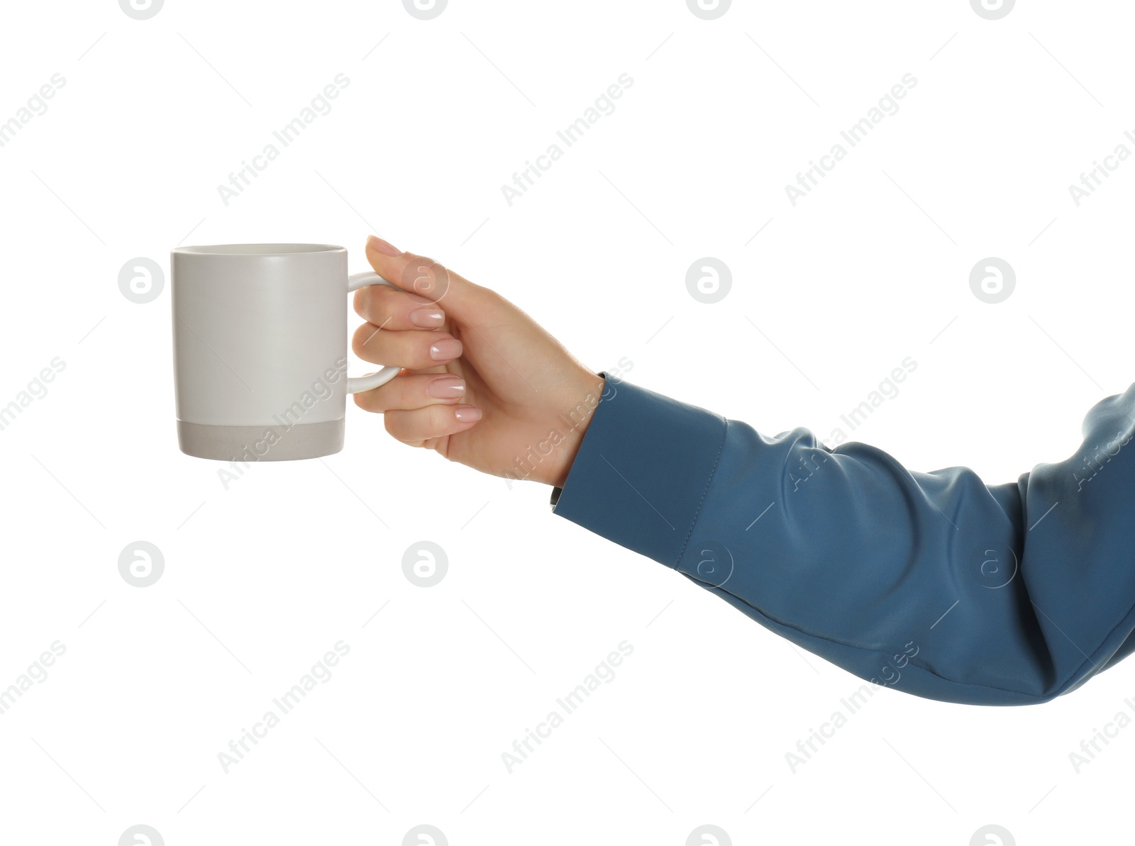 Photo of Woman holding elegant cup on white background, closeup