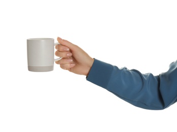 Woman holding elegant cup on white background, closeup