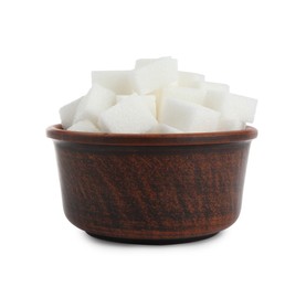 Photo of Bowl with cubes of refined sugar isolated on white
